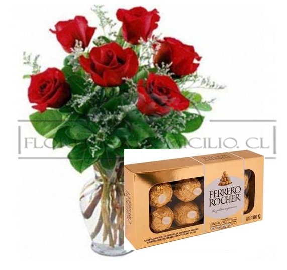 Florero de 06 Rosas más Bombones Ferrero Rocher de 100 Grs